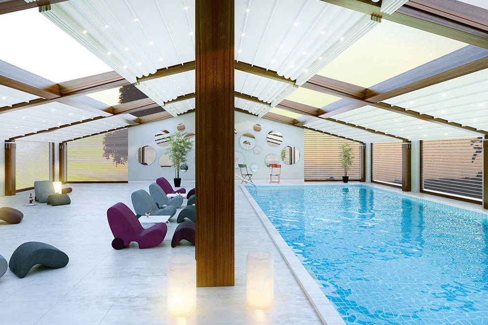 Retractable fabric roof integrated into property