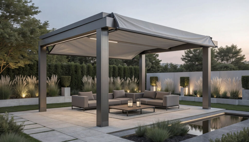 Pergola with retractable roof in very modern and chic looking garden