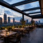Rooftop restaurant with retractable roof at night in city